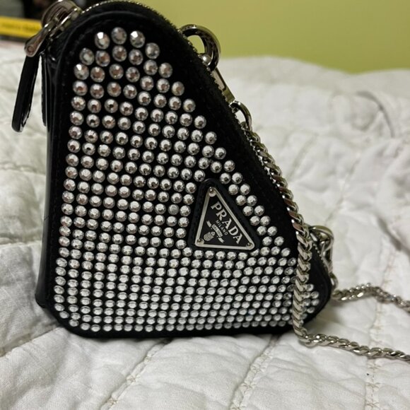 Prada Triangular Embellished Satin And Leather Mini-pouch - Picture 1 of 6